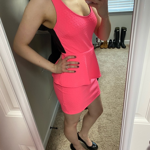Neon Pink Peplum Cocktail Dress - Picture 2 of 5